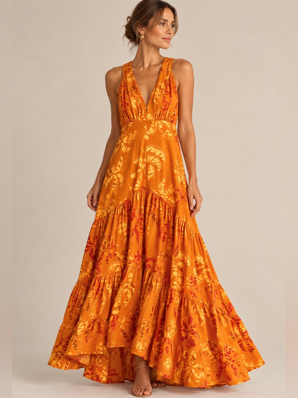 FARM Rio Orange Botanical Tiered Maxi Dress NWT Extra Small XS